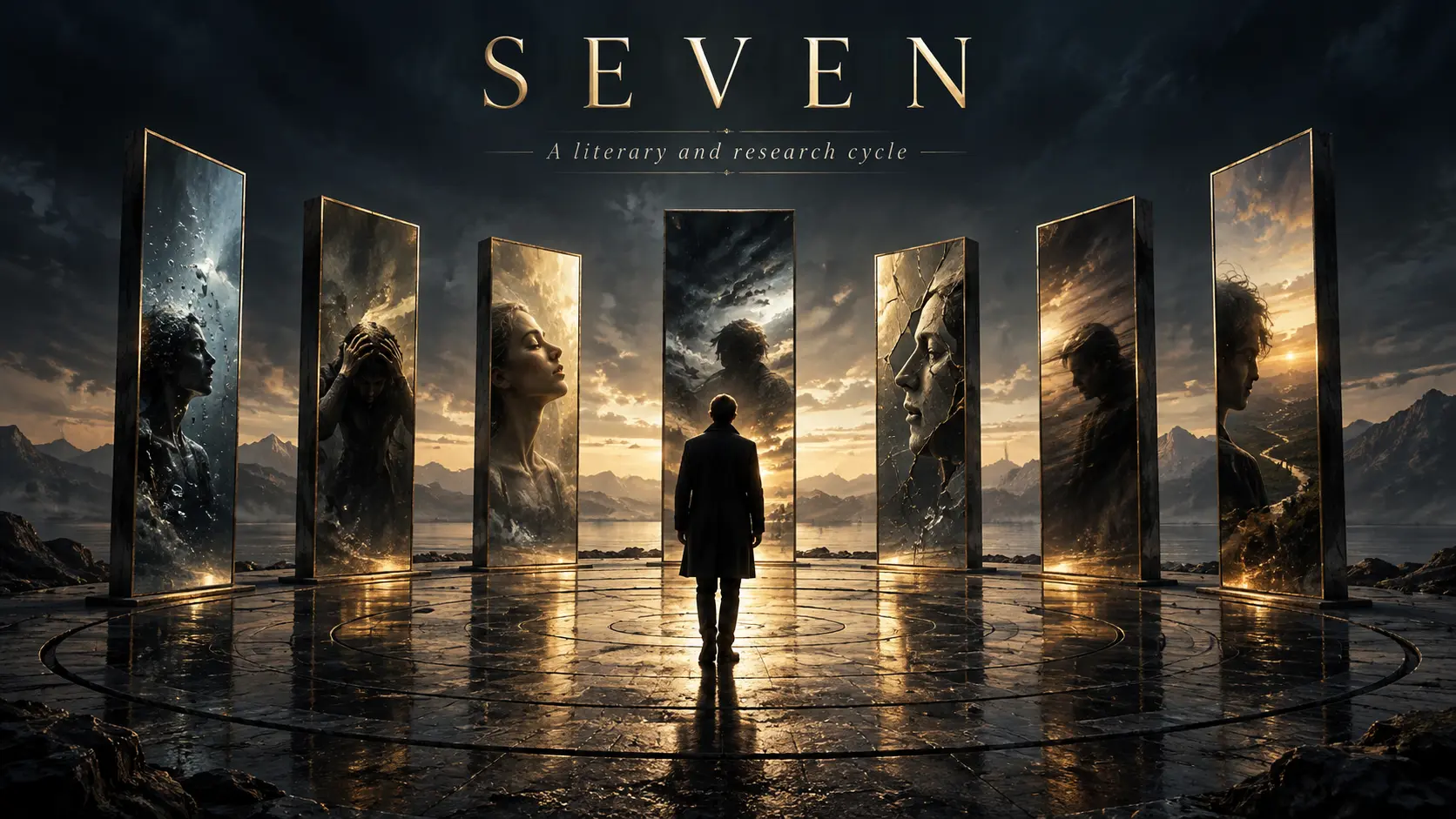 SEVEN — обложка литературного цикла: семь зеркал и человеческая фигура